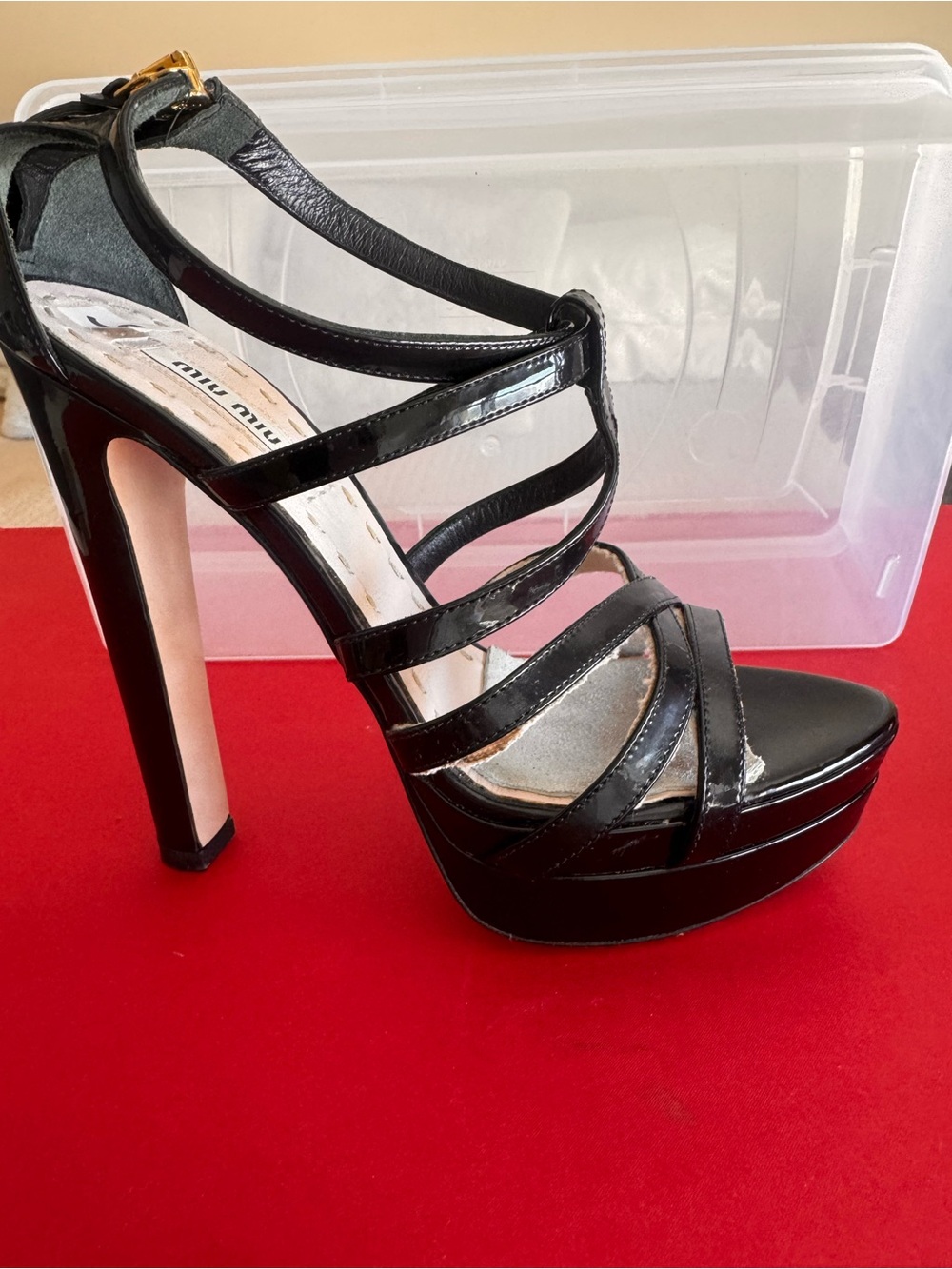 Miu Miu Black Patent Leather Strappy Platform Heels